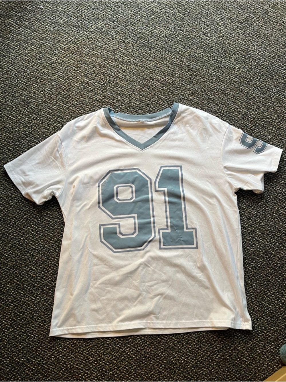 White V-Neck Jersey Top with Light Blue '91' Graphic